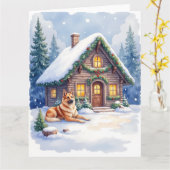 Caucasian Shepherd Dog Mountain Cabin Christmas カード (黄色い花)