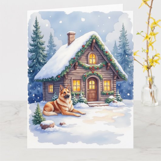 Caucasian Shepherd Dog Mountain Cabin Christmas カード (黄色い花)