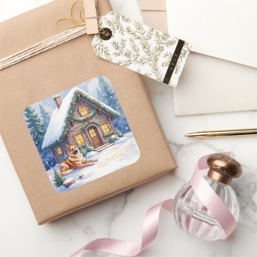 Caucasian Shepherd Dog Mountain Cabin Christmas スクエアシール (ギフト)