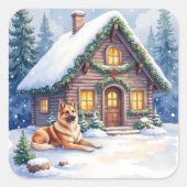 Caucasian Shepherd Dog Mountain Cabin Christmas スクエアシール (正面)