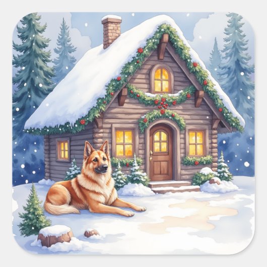 Caucasian Shepherd Dog Mountain Cabin Christmas スクエアシール (正面)