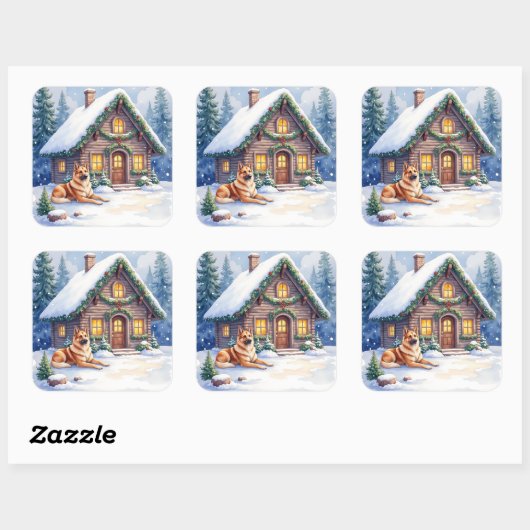 Caucasian Shepherd Dog Mountain Cabin Christmas スクエアシール (シート)