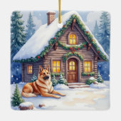 Caucasian Shepherd Dog Mountain Cabin Christmas セラミックオーナメント (裏面)
