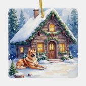Caucasian Shepherd Dog Mountain Cabin Christmas セラミックオーナメント (正面)