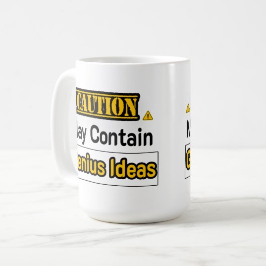 Caution Geniusアイディアおもしろいオフィスギフト コーヒーマグカップ (正面左)