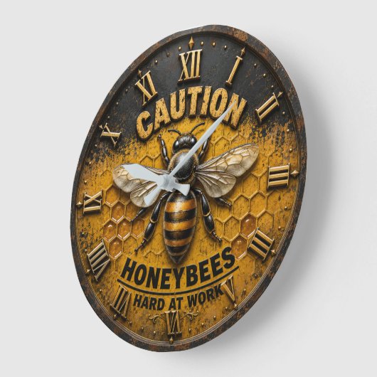 Caution Honeybees Hard at Work Rustic Beekeeper ラージ壁時計 (傾斜)