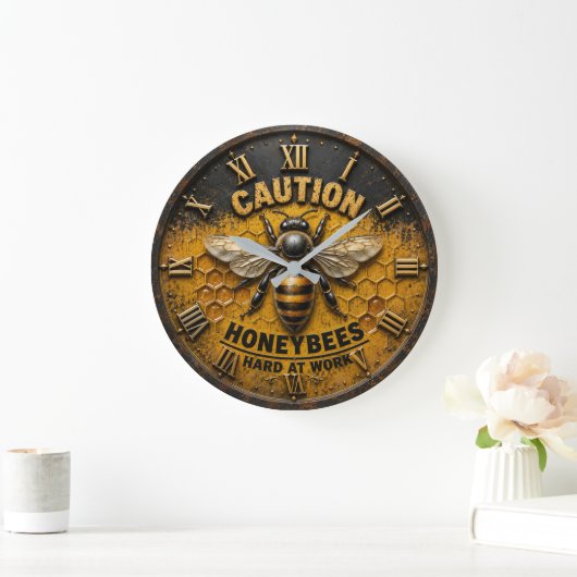 Caution Honeybees Hard at Work Rustic Beekeeper ラージ壁時計 (ホーム)