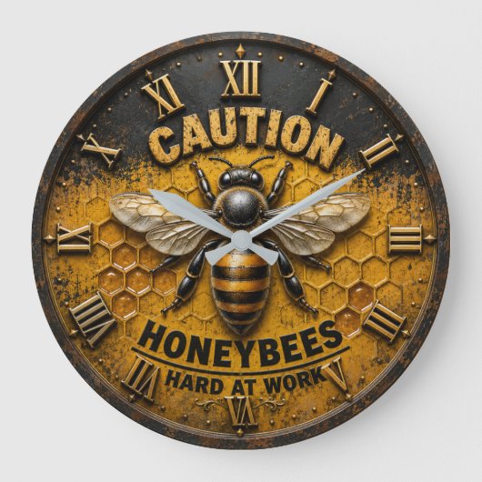 Caution Honeybees Hard at Work Rustic Beekeeper ラージ壁時計 (正面)