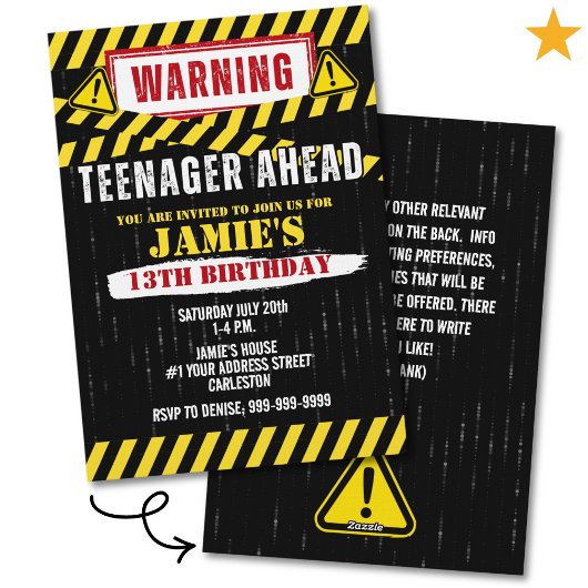 Caution Warning Sign Teenager 13th Birthday  招待状