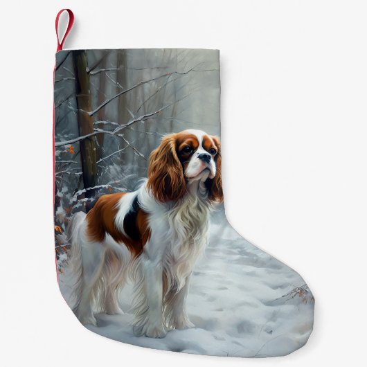 Cavalier King 雪の降るクリスマス ブラシ加工 スモールクリスマスストッキング (正面)