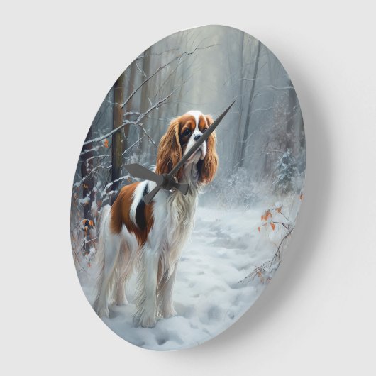 Cavalier King 雪の降るクリスマス ブラシ加工  ラージ壁時計 (傾斜)