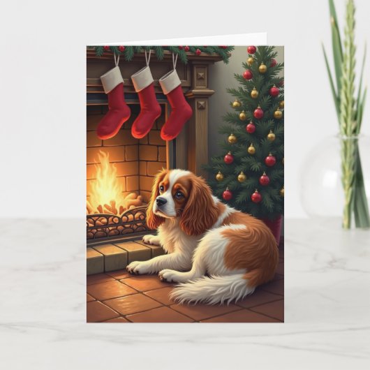 Cavalier King Charles by the Fireplace Christmas カード (正面)