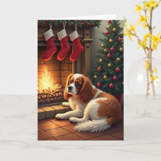 Cavalier King Charles by the Fireplace Christmas カード (黄色い花)