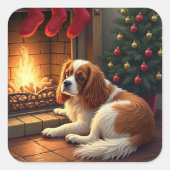 Cavalier King Charles by the Fireplace Christmas スクエアシール (正面)