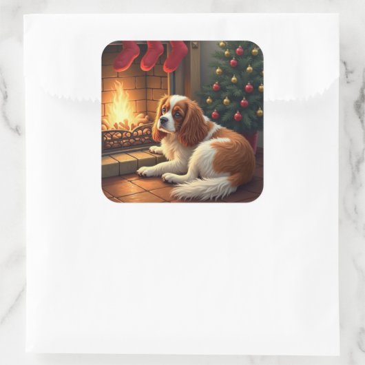 Cavalier King Charles by the Fireplace Christmas スクエアシール (バッグ)