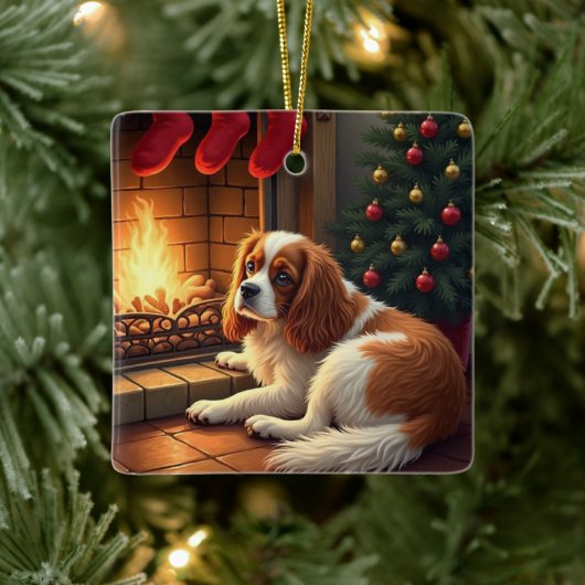 Cavalier King Charles by the Fireplace Christmas セラミックオーナメント (ツリー)