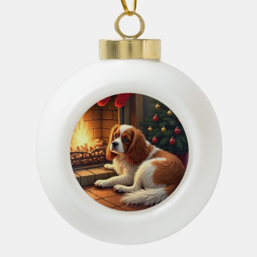 Cavalier King Charles by the Fireplace Christmas セラミックボールオーナメント (正面)