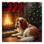 Cavalier King Charles by the Fireplace Christmas ポスター (正面)