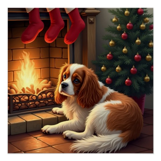 Cavalier King Charles by the Fireplace Christmas ポスター (正面)