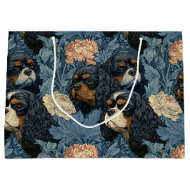 Cavalier King Charles Floral Blue Design ラージペーパーバッグ