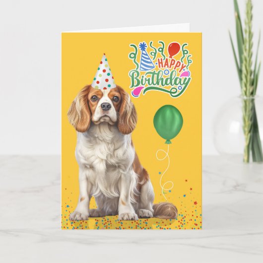 Cavalier King Charles Party Hat Yellow Birthday カード (正面)