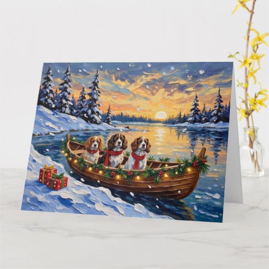 Cavalier King Charles Spaniel Christmas Boat カード (黄色い花)