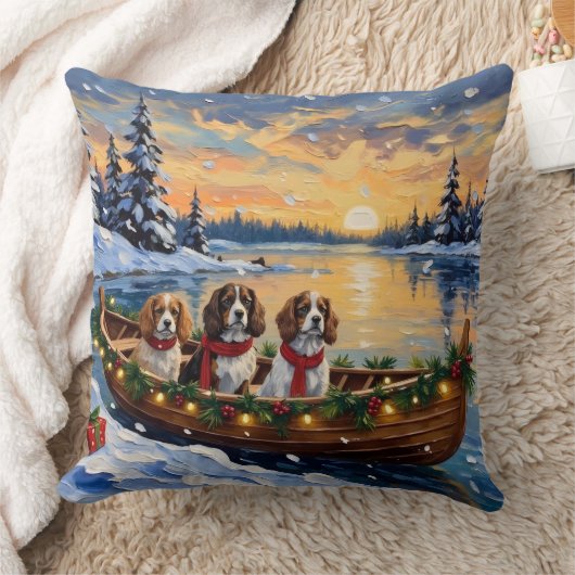 Cavalier King Charles Spaniel Christmas Boat クッション (ブランケット)