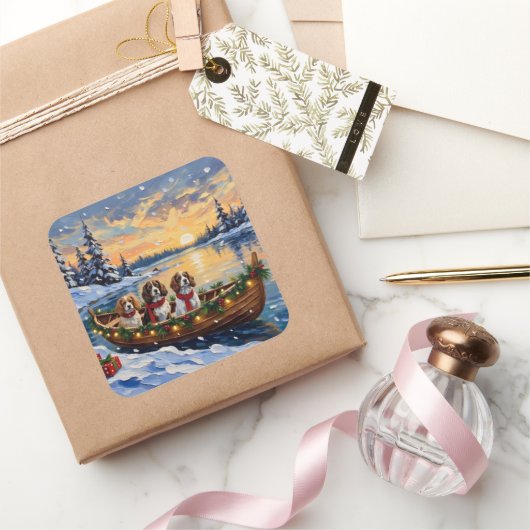 Cavalier King Charles Spaniel Christmas Boat スクエアシール (ギフト)