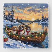 Cavalier King Charles Spaniel Christmas Boat スクエア壁時計 (正面)