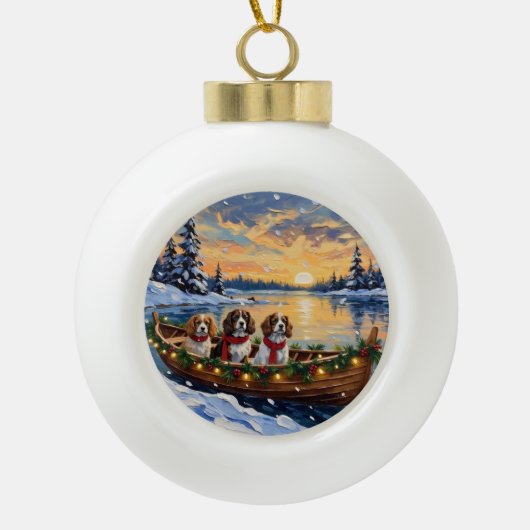 Cavalier King Charles Spaniel Christmas Boat セラミックボールオーナメント (正面)