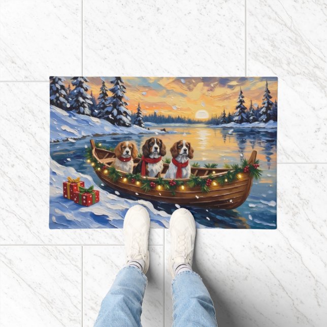 Cavalier King Charles Spaniel Christmas Boat ドアマット (室内)