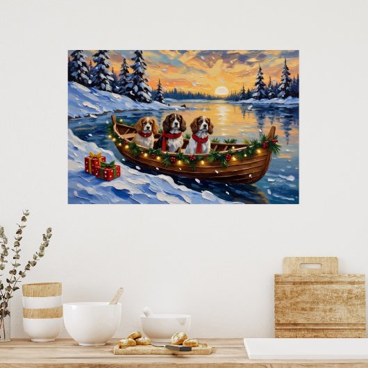 Cavalier King Charles Spaniel Christmas Boat ポスター (キッチン)