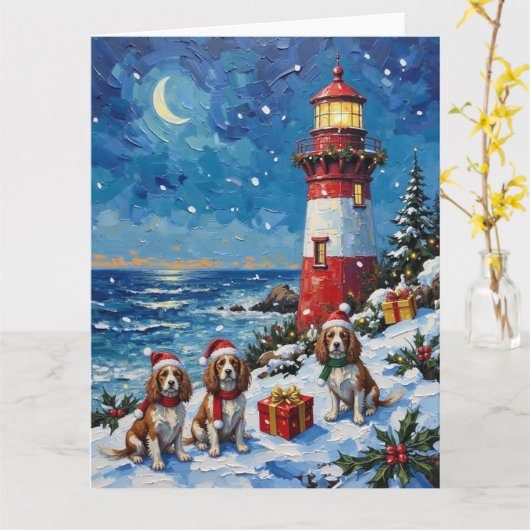 Cavalier King Charles Spaniel Christmas Lighthouse カード (黄色い花)
