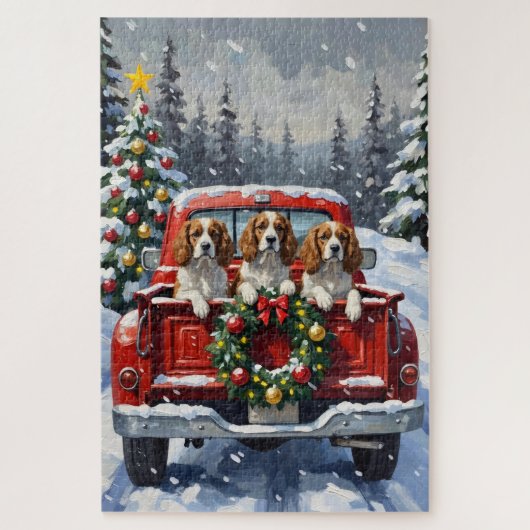 Cavalier King Charles Spaniel Christmas Red Truck ジグソーパズル (縦)