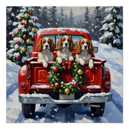 Cavalier King Charles Spaniel Christmas Red Truck ポスター (正面)