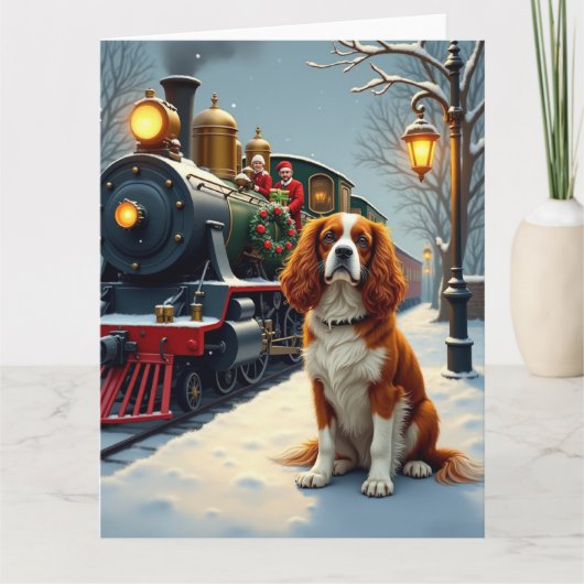 Cavalier King Charles Spaniel Christmas Train カード (正面)