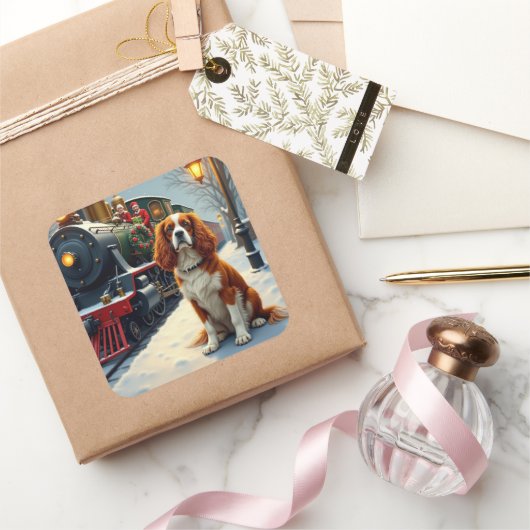 Cavalier King Charles Spaniel Christmas Train スクエアシール (ギフト)