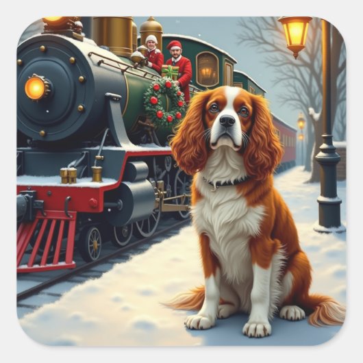 Cavalier King Charles Spaniel Christmas Train スクエアシール (正面)