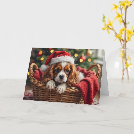 Cavalier King Charles Spaniel Cozy Basket カード (黄色い花)