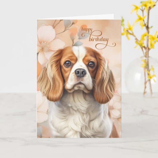 Cavalier King Charles Spaniel Dog Blossom Birthday カード (黄色い花)
