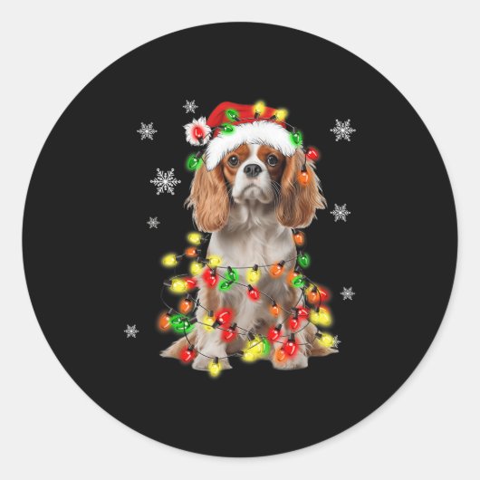 Cavalier King Charles Spaniel Dog Christmas Lights ラウンドシール (正面)