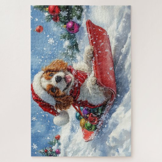 Cavalier King Charles Spaniel Dog Sledge Christmas ジグソーパズル (縦)
