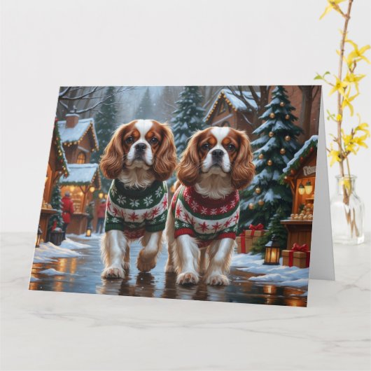Cavalier King Charles Spaniel Dogs Christmas Snow  カード (黄色い花)