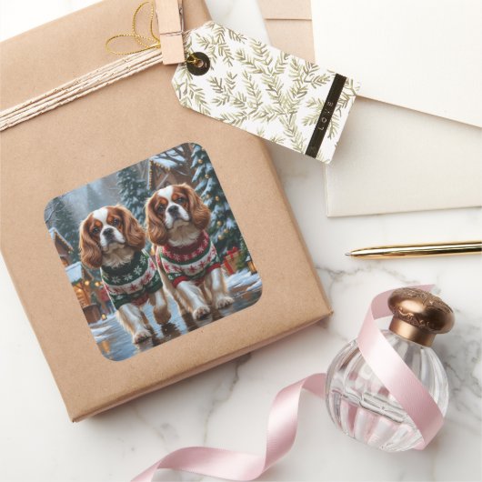 Cavalier King Charles Spaniel Dogs Christmas Snow スクエアシール (ギフト)