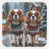Cavalier King Charles Spaniel Dogs Christmas Snow スクエアシール (正面)