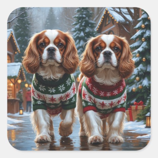 Cavalier King Charles Spaniel Dogs Christmas Snow  スクエアシール (正面)