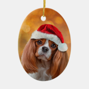 Cavalier King Charles Spaniel in red hat of Santa セラミックオーナメント