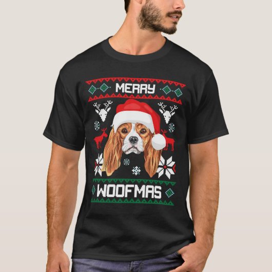 Cavalier King Charles Spaniel Merry Woofmas Tシャツ (正面)