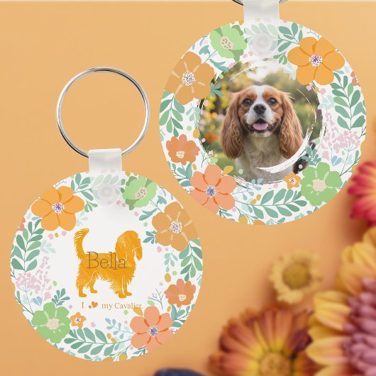Cavalier King Charles Spaniel Pastel Orange Flower キーホルダー