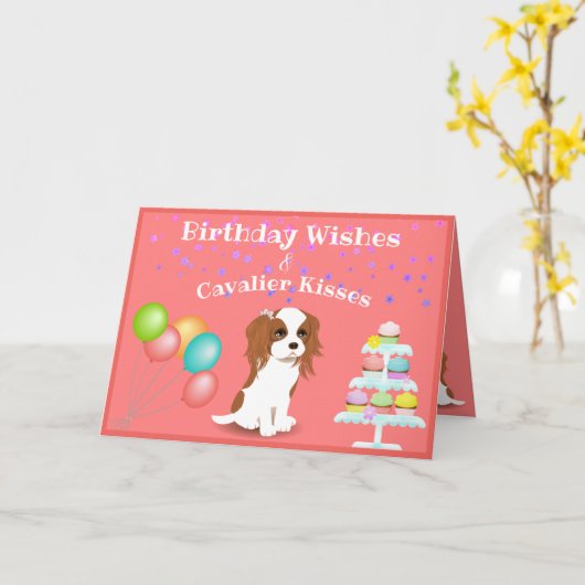 Cavalier King Charles Spaniel Pink Happy Birthday カード (黄色い花)